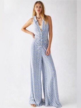 Free People Shayla wide leg racer back 70s boho halter jumpsuit in blue - XS